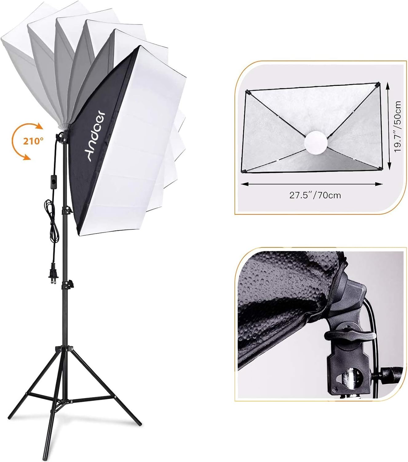 Andoer Softbox Photography Lighting Kit Professional Studio Equipment with 20"x28" Softbox, 2800-5700K 85W Bi-Color Temperature Bulb with Remote, Light Stand, Boom Arm for Portrait Product Shooting - Image 2