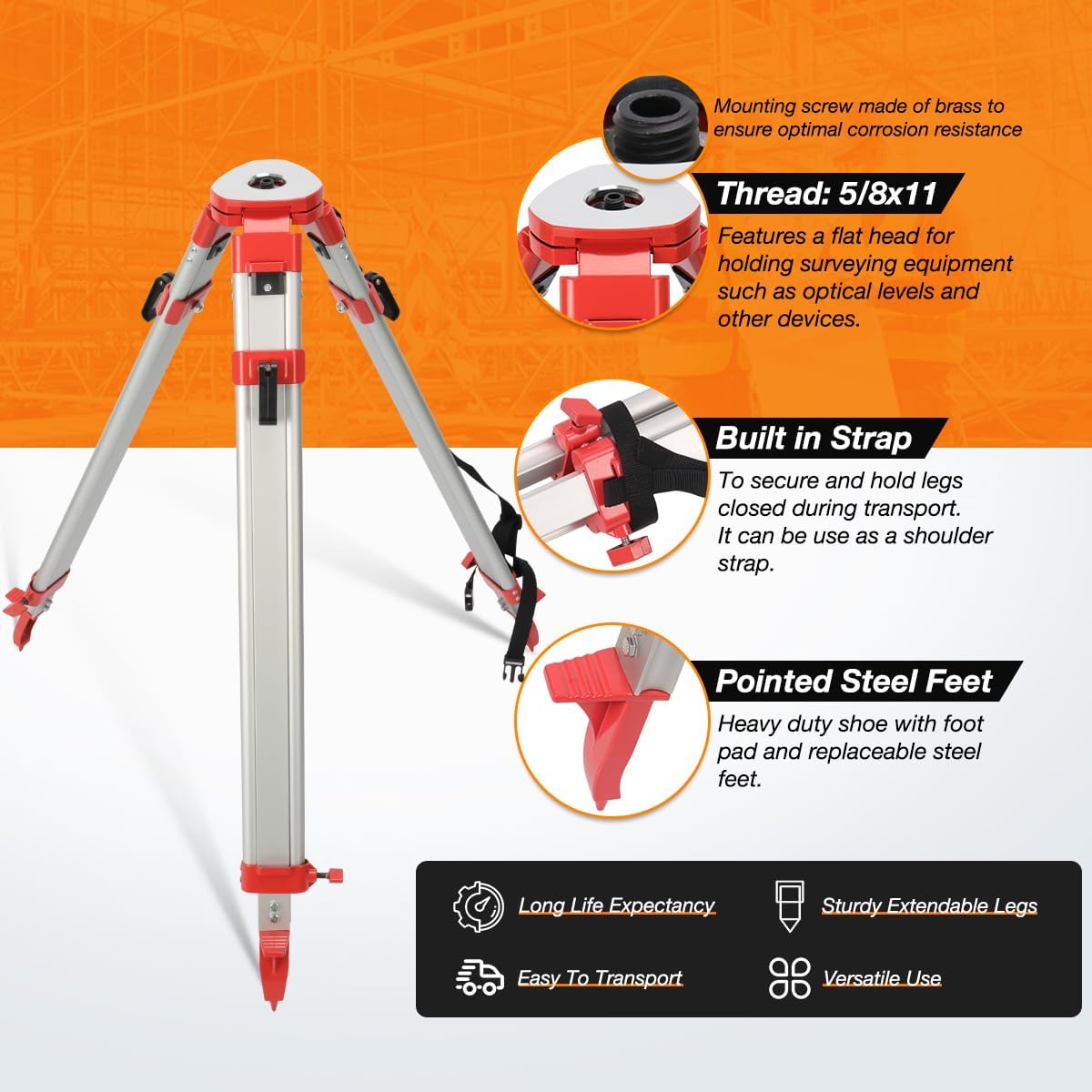 Surveying Tripod, Aluminum Survey Tripod with 5/8-Inch 11-Threaded Flat Head Quick Clamp for Auto Level - Image 3